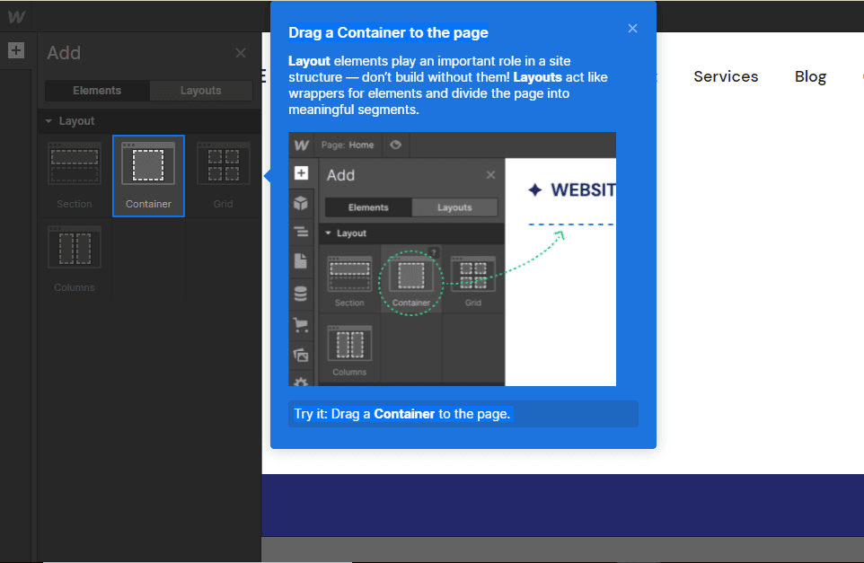 Interfaccia della procedura guidata di installazione di Webflow.