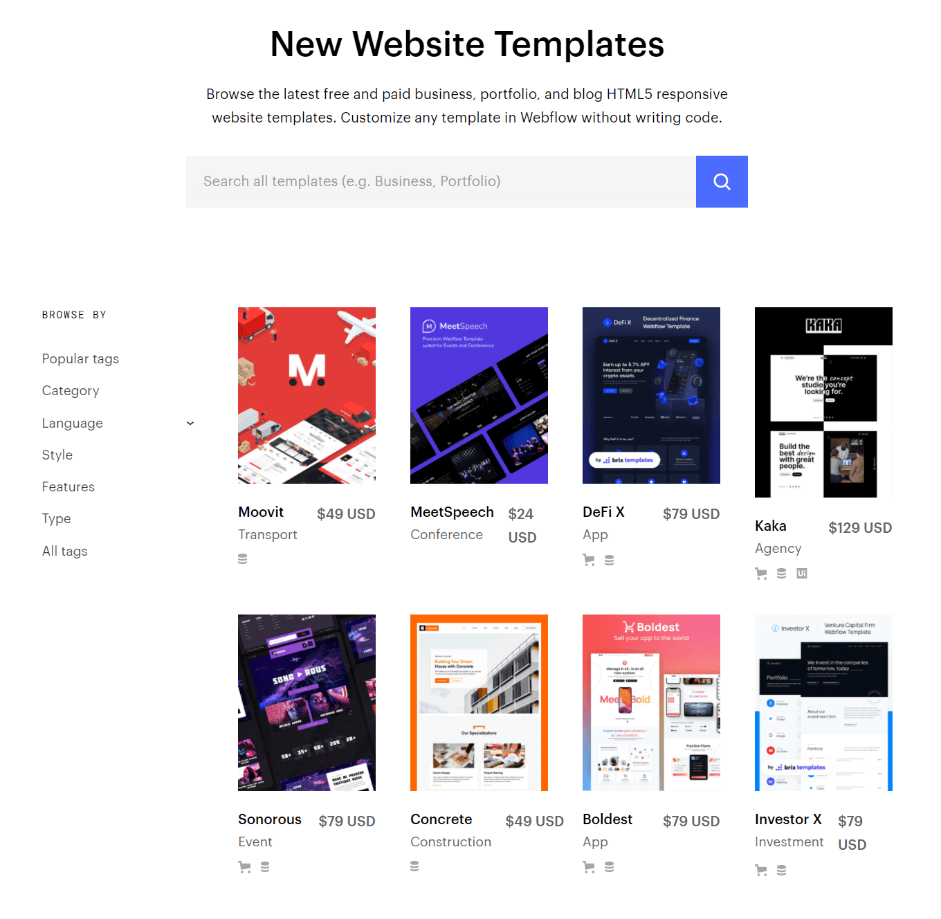 A selection of Webflow templates.