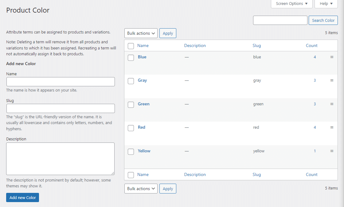 Schermata dal backend WooCommerce per l’aggiunta di attributi