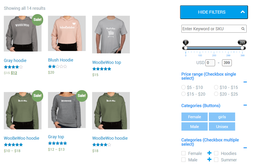 Ecommerce di t-shirt con il menu filtri generato da WooCommerce Product Filter