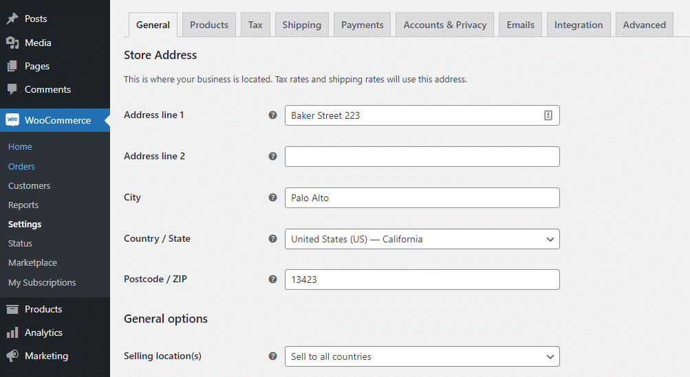 Configuration des réglages généraux de WooCommerce.