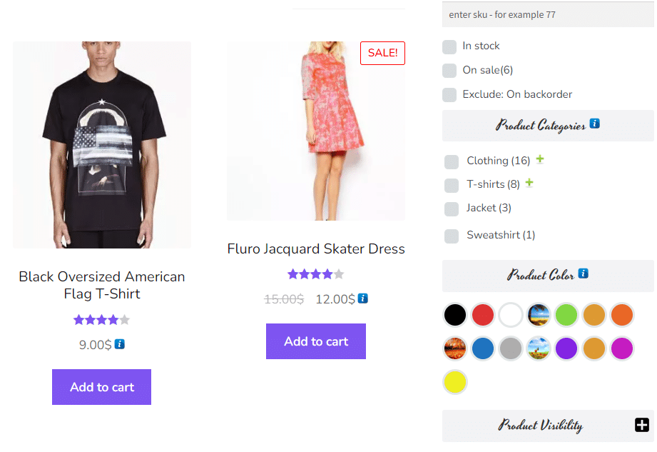 Un ecommerce di abbigliamento in cui sono attivi i filtri prodotto generati da WOOF – Products Filter for WooCommerce