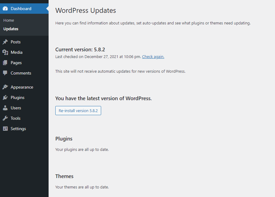L'écran des mises à jour de WordPress