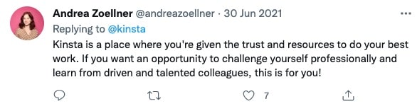 Schermata di un tweet di Andrea Zoellner del team Kinsta in cui spiega perché ama lavorare in Kinsta