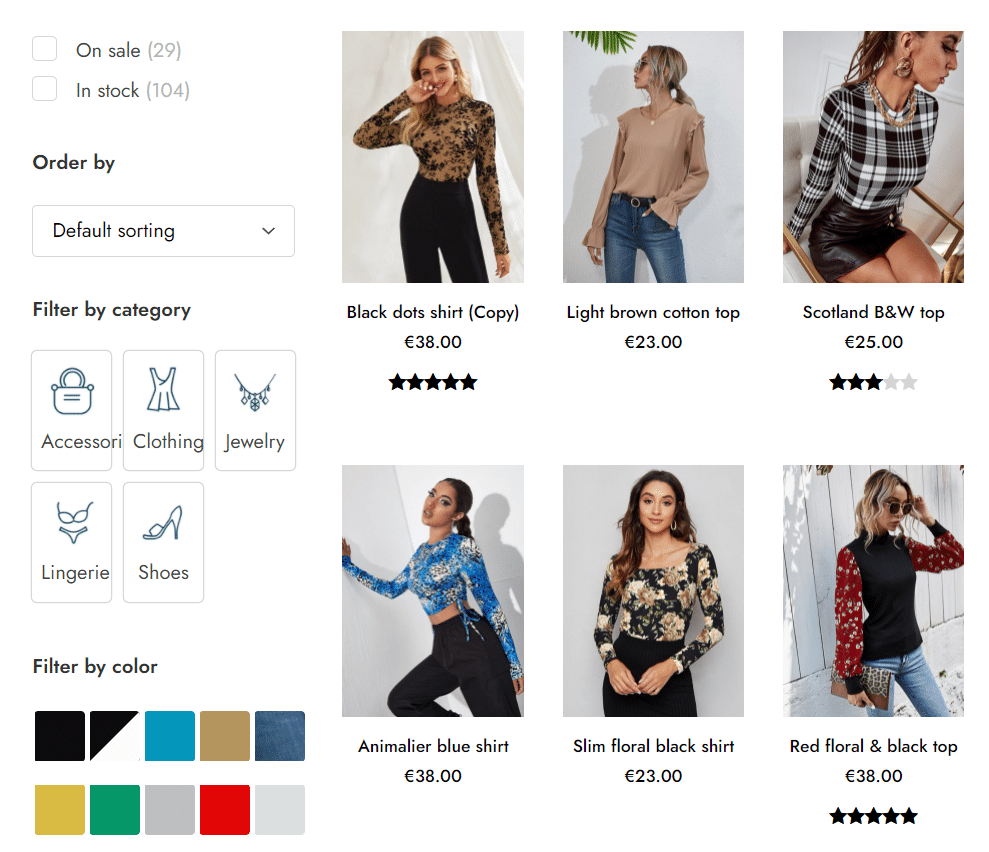 Un ecommerce di abbigliamento con la barra dei filtri prodotto di YITH WooCommerce AJAX Product Filter
