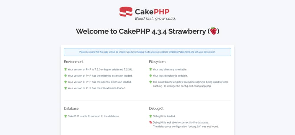 A página de teste da CakePHP