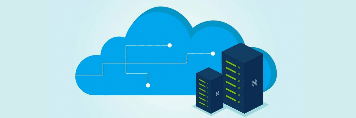 Web hosting services, illustrated by two server towers in front of a blue cloud