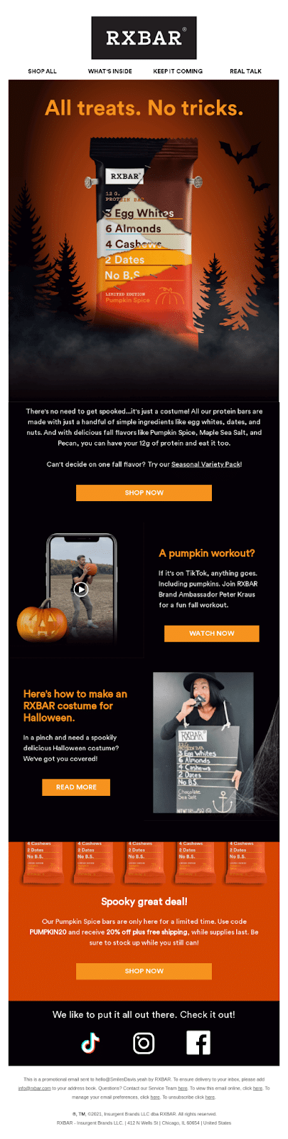 Esempio di un’email per Halloween da parte di RXBAR che dice "All treats. No tricks"