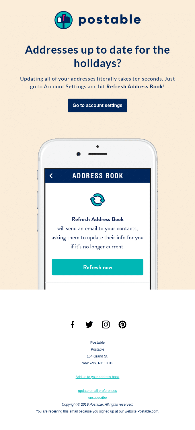 Esempio di email per prodotti digitali da parte di Postable che inizia con "Addresses up to date for the holidays?"
