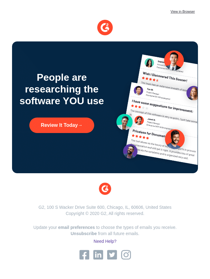 An example of a "review it today" email from G2
