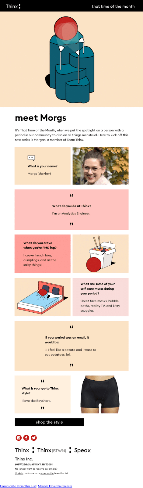 An example of a personal branding email from Thinx