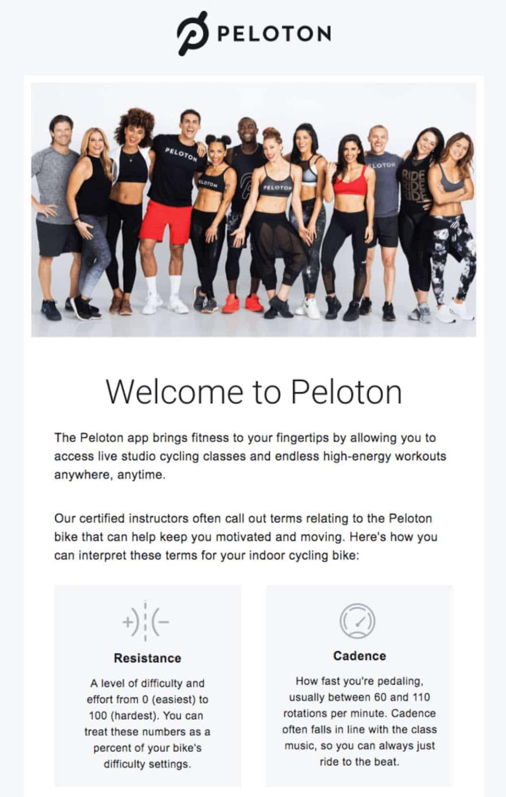 Esempio di un’email di benvenuto da Peloton che inizia con "Welcome to Peloton" e l’immagine di un gruppo di persone in tenuta sportiva