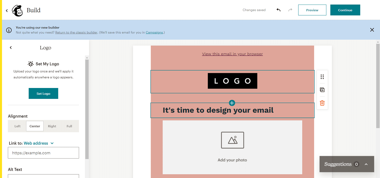 Schermata del costruttore email di Mailchimp