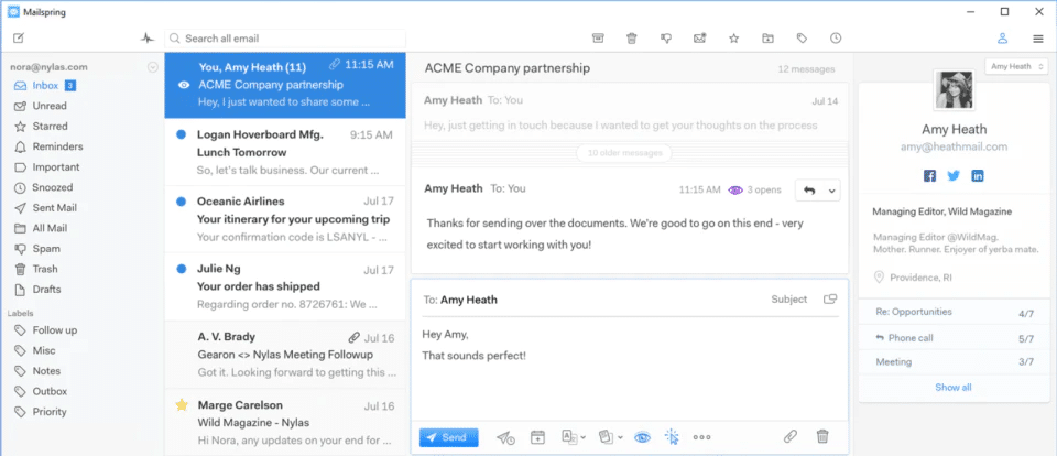 Schermata della inbox di Mailspring