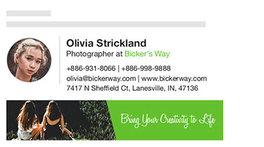 Esempio di firma email con foto e banner per una persona chiamata Olivia che fa la fotografa