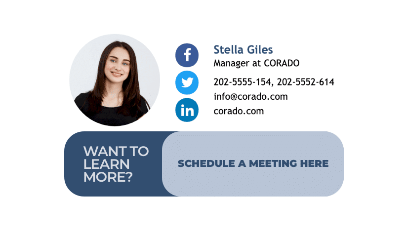 Esempio di firma email di una manager chiamata Stella che ha inserito un banner con una CTA per prenotare un meeting