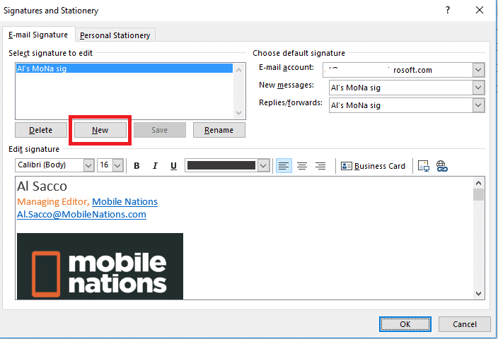 Criando uma nova assinatura no Outlook