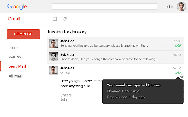 Schermata di Gmail con la spunta verde a indicare la consegna dell’email