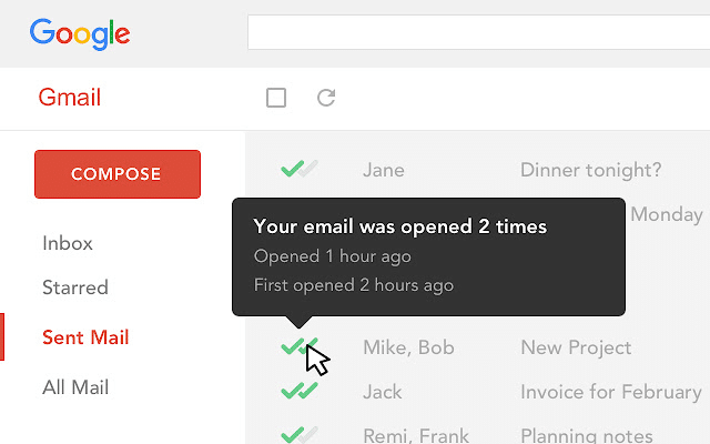 Schermata che mostra il pop up informativo di Mailtrack quando integrato in Gmail
