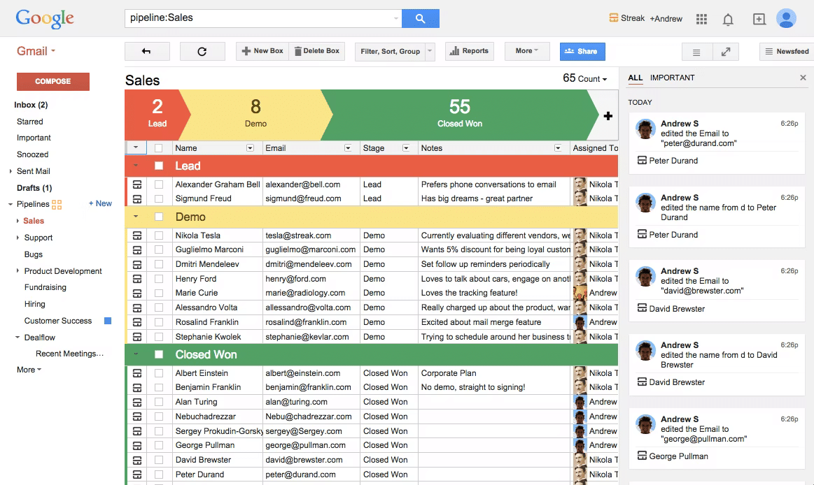 Schermata di una casella Gmail con Streak integrato che divide i contatti in categorie
