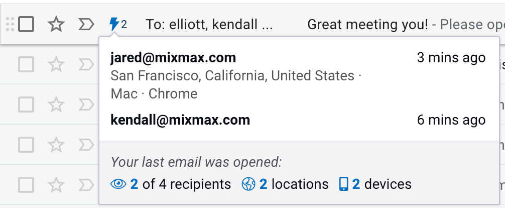 Popup di Mixmax che mostra i dati di monitoraggio di un contatto email