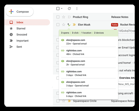 Interfaccia di RightInbox che mostra la cronologia di monitoraggio per un contatto