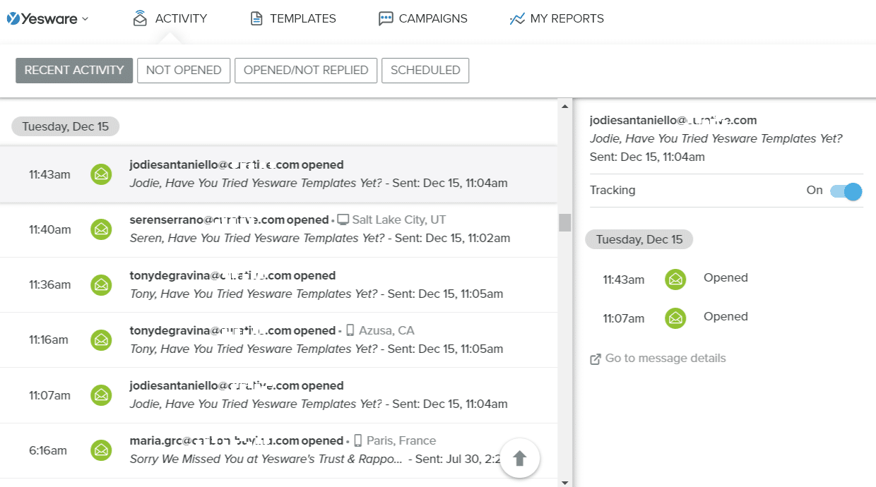 Seguimiento del correo electrónico de Yesware