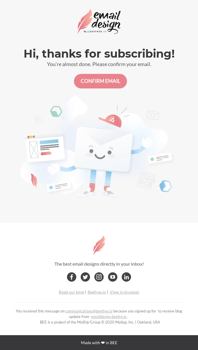 Esempio di un’email di benvenuto da beefree.io che inizia con "Hi, thanks for subscribing!" e l’illustrazione di una busta da lettere che sorride