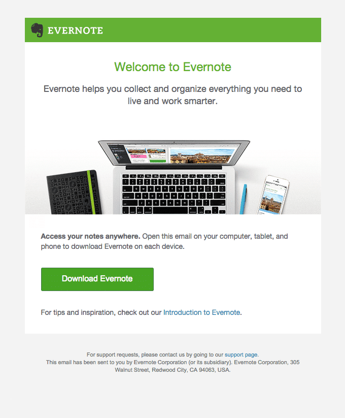 E-mail de bienvenue d'Evernote.