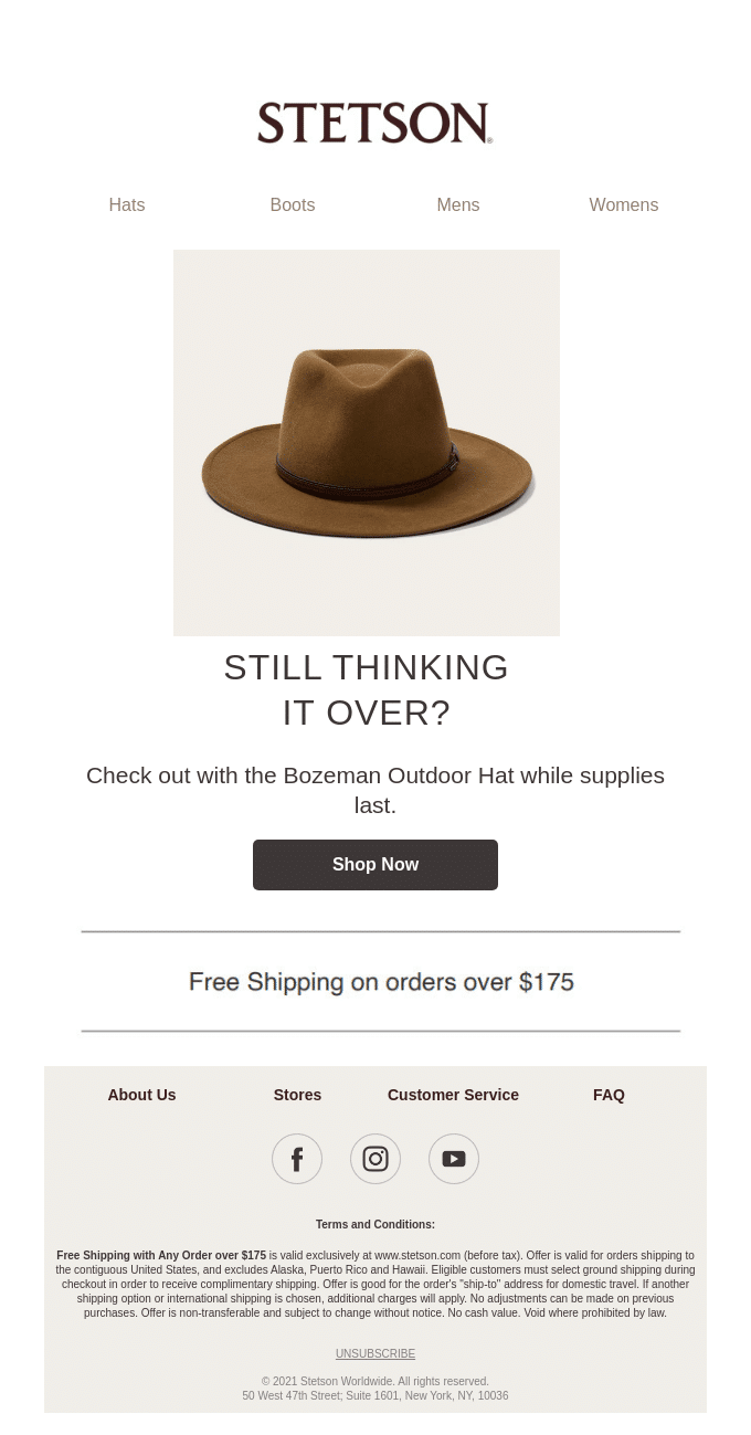 E-mail d'abandon de panier de Stetson.