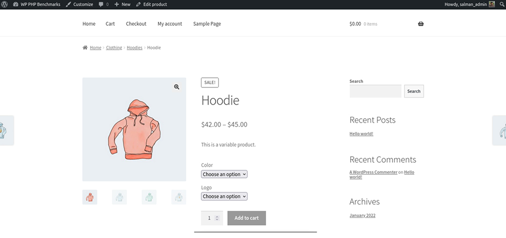 A screenshot of the tested WooCommerce page.