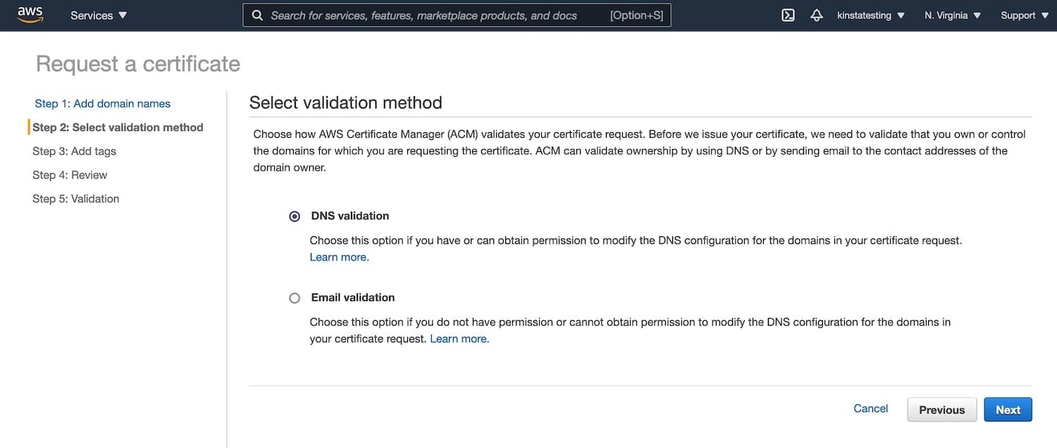 Amazon Certificate Manager DNS-validering for SSL-certifikat.