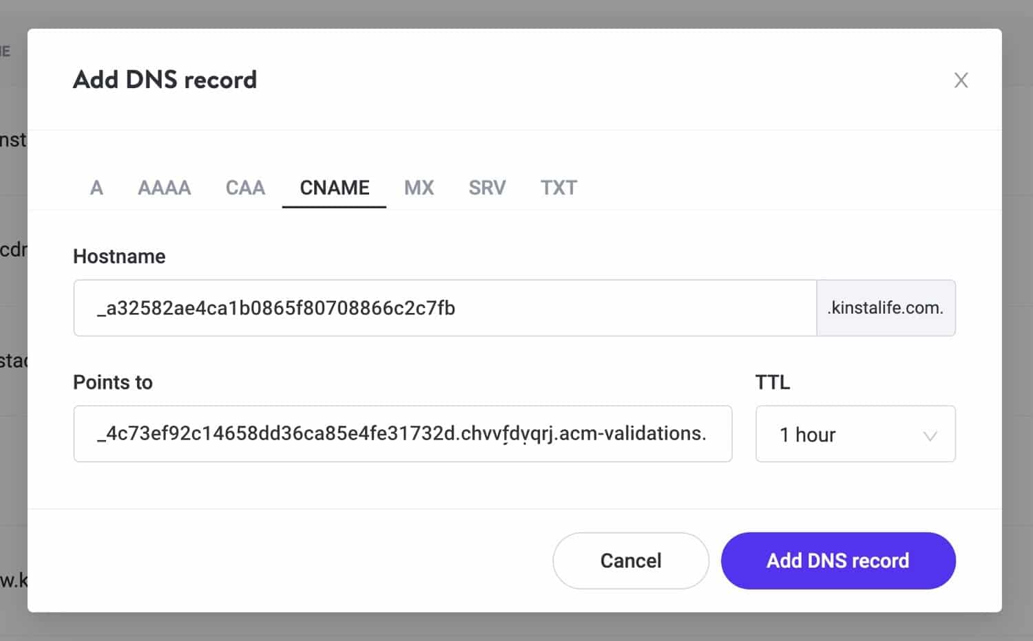 Add a CNAME record for AWS SSL validation.