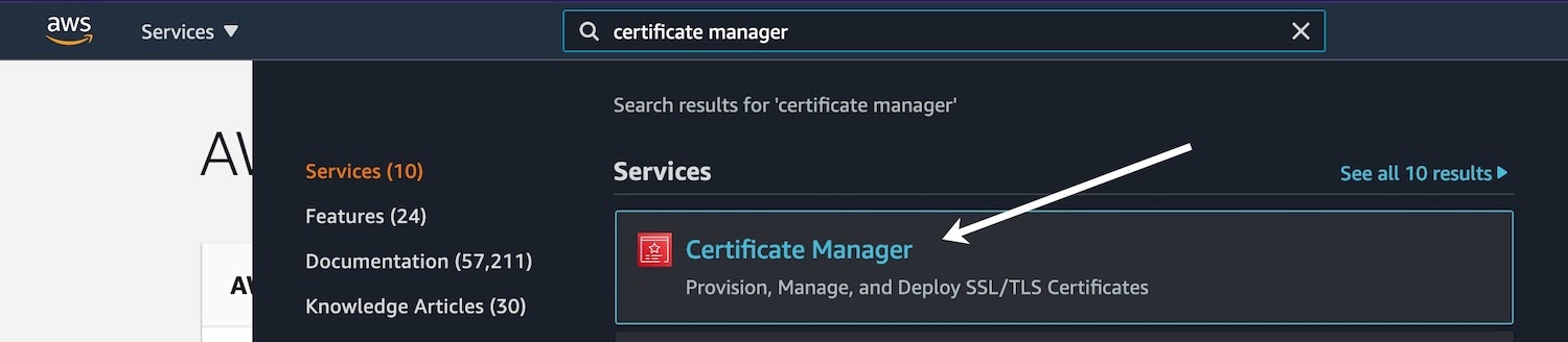 Klicke in deinem CloudFront-Konto unter Dienste auf Zertifikatsmanager.