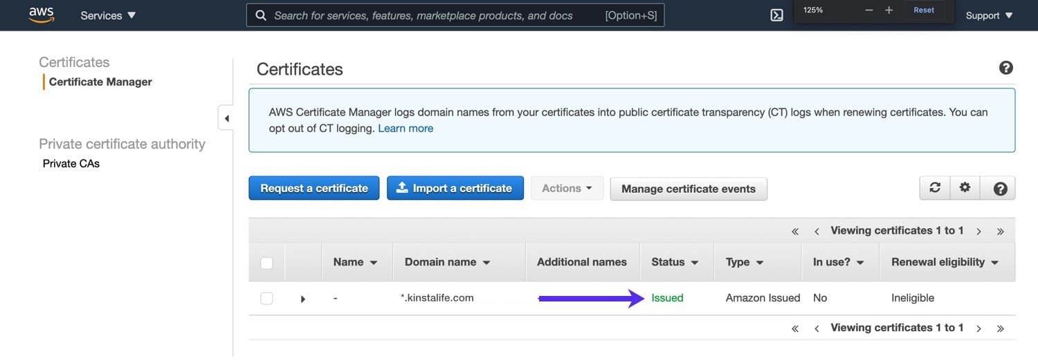 Certificat SSL émis dans Amazon Certificate Manager.