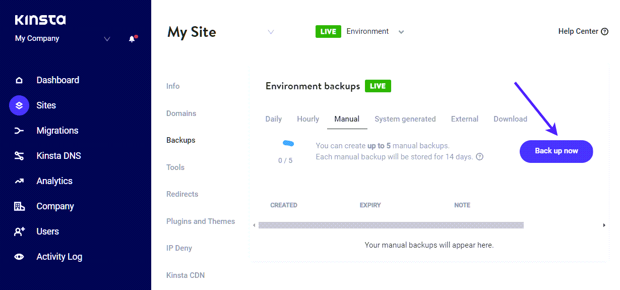 Erstellen eines WordPress-Backups mit MyKinsta's Managed WordPress Hosting