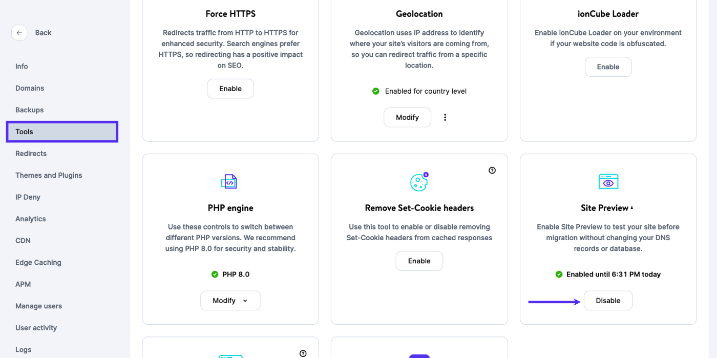 Disable Site Preview in MyKinsta.