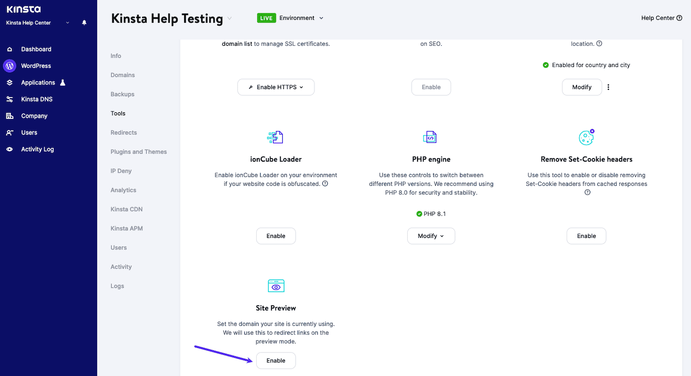 Aktivera webbplatsförhandsgranskning i MyKinsta.