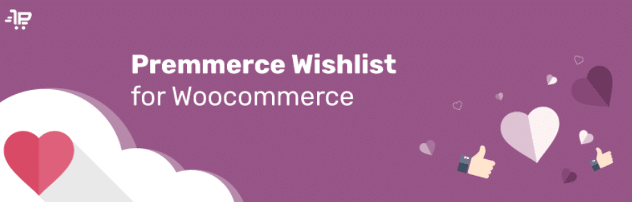 Il branding del plugin Premmerce Wishlist for WooCommerce è sui toni del viola e contiene molti cuoricini volanti