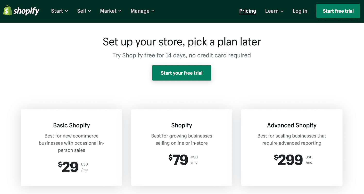 La pagina del piano tariffario Shopify.