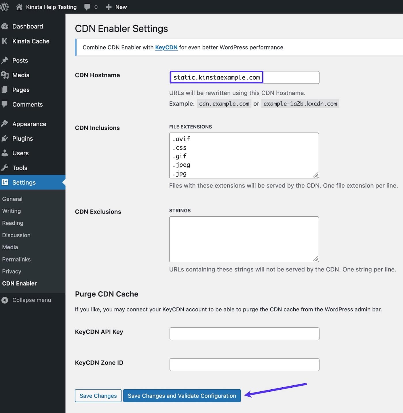 Enter your static assets subdomain, then save and validate configuration in CDN Enabler.