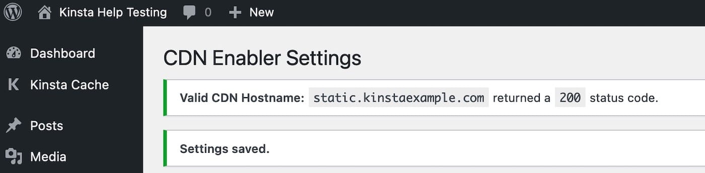 Nome de host CDN válido e 200 HTTP status code confirmed in CDN Enabler settings.