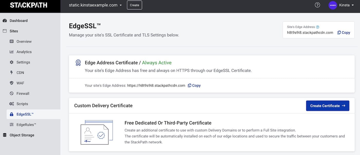 Créez un certificat de livraison personnalisé sur la page EdgeSSL.