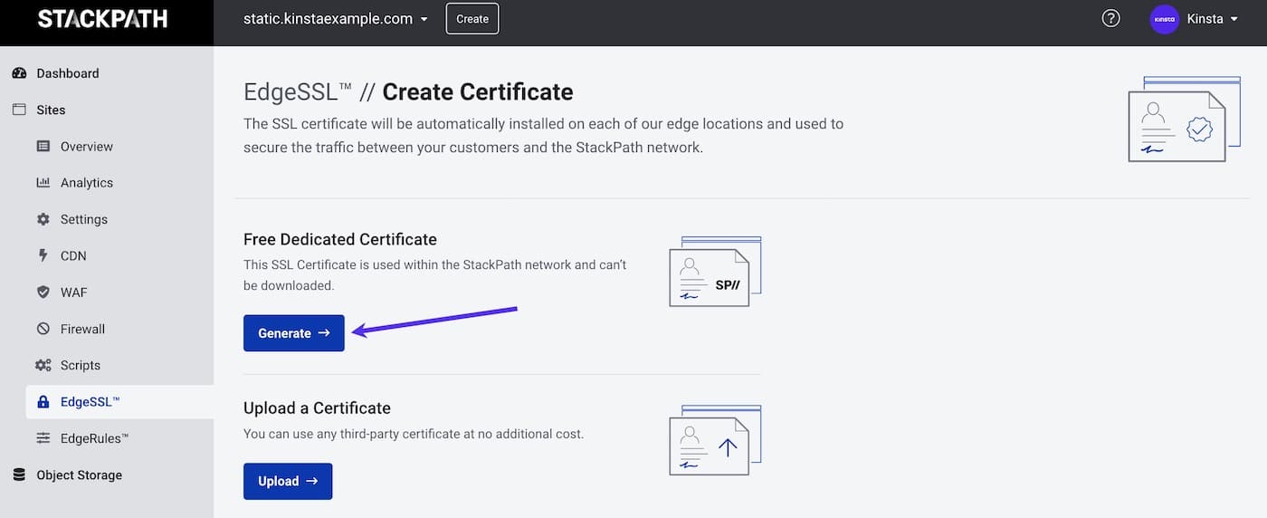 Générer un certificat dédié gratuit sur StackPath.