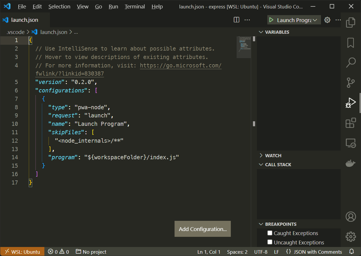 Configuração do depurador do VS Code.