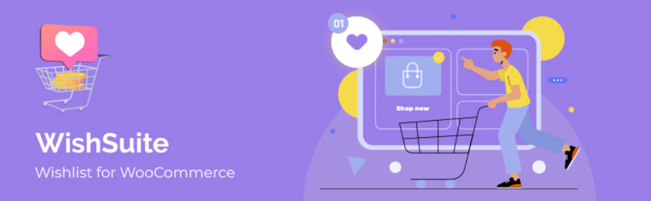 Il branding del plugin WishSuite rappresenta una persona che guida un carrello di fronte allo schermo di un computer su sfondo viola chiaro