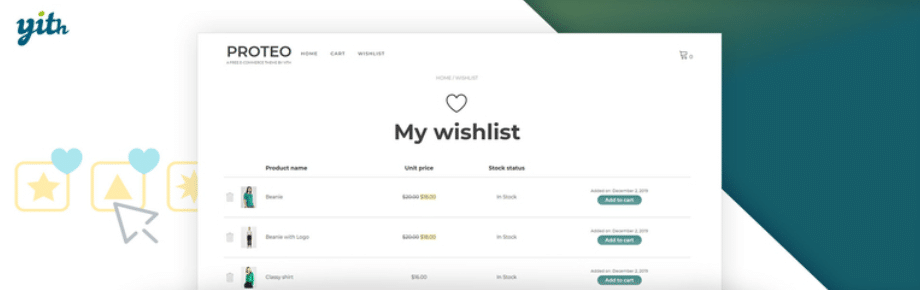 Il branding del plugin YITH WooCommerce Wishlist è caratterizzato dal colore verde petrolio abbinato col bianco