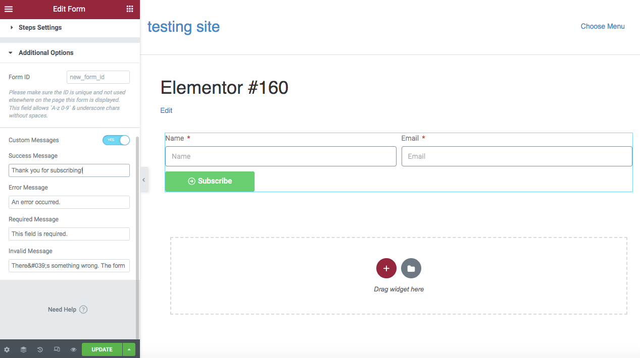 Schermata di Elementor con la sezione Additional Options aperta e l’opzione Custom Messages selezionata