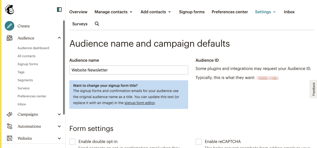Schermata della Audience Dashboard di Mailchimp da cui potete modificare il nome e le impostazioni predefinite