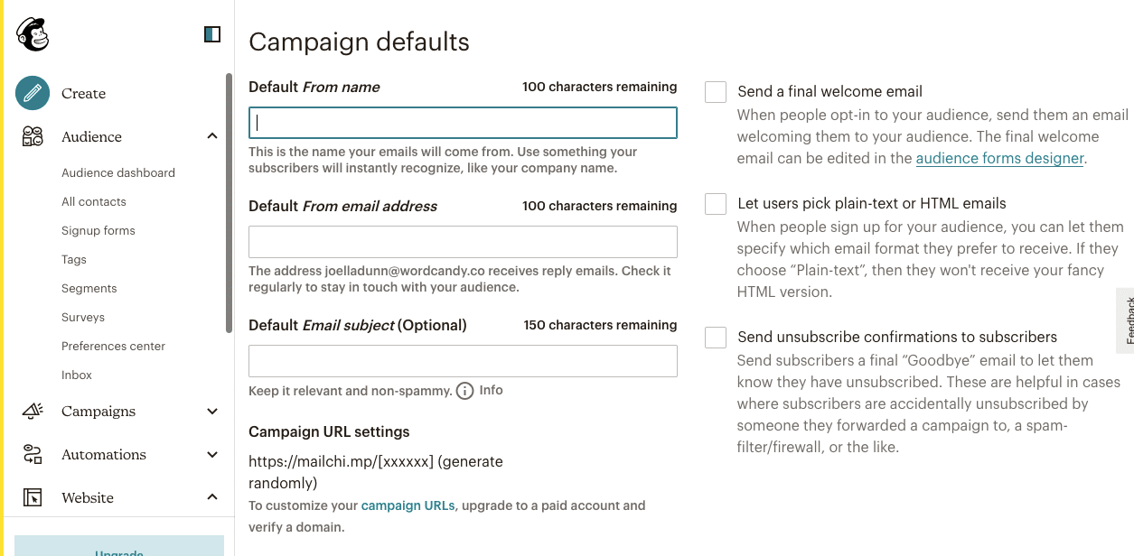 Schermata della Audience Dashboard di Mailchimp con altri campi di dati sulla campagna